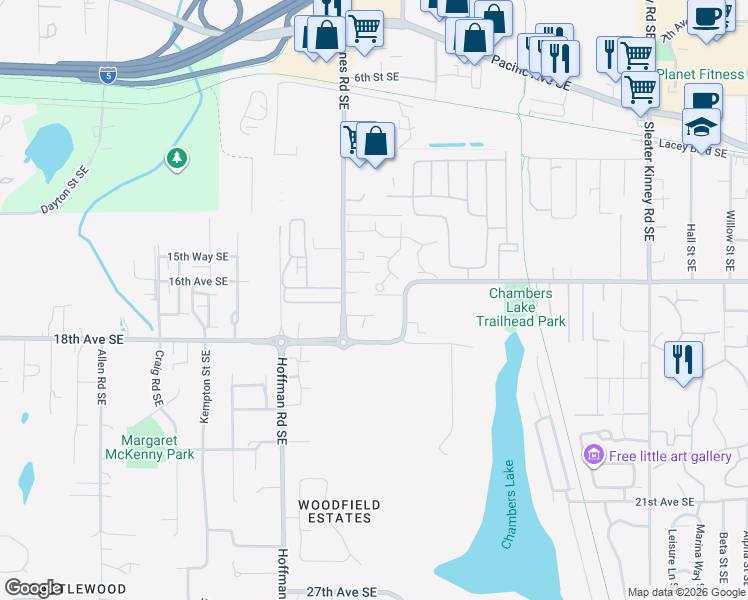 map of restaurants, bars, coffee shops, grocery stores, and more near 1623 Elizabeth Street Southeast in Olympia