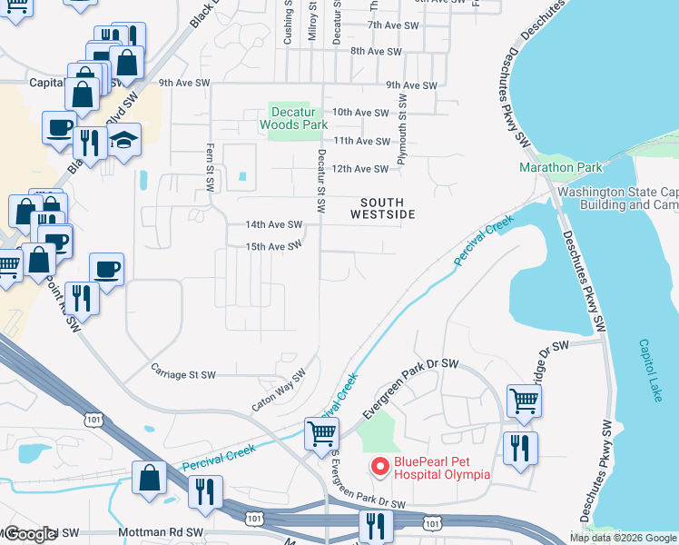 map of restaurants, bars, coffee shops, grocery stores, and more near 1516 Decatur Street Southwest in Olympia