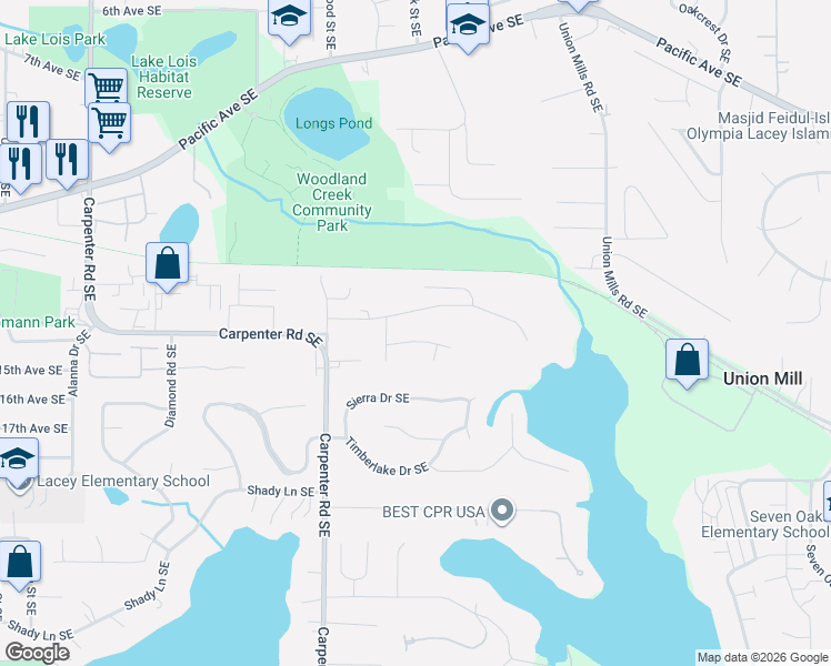 map of restaurants, bars, coffee shops, grocery stores, and more near 6904 15th Avenue Southeast in Lacey