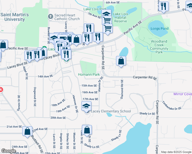 map of restaurants, bars, coffee shops, grocery stores, and more near 1324 Glen Mary Drive Southeast in Lacey