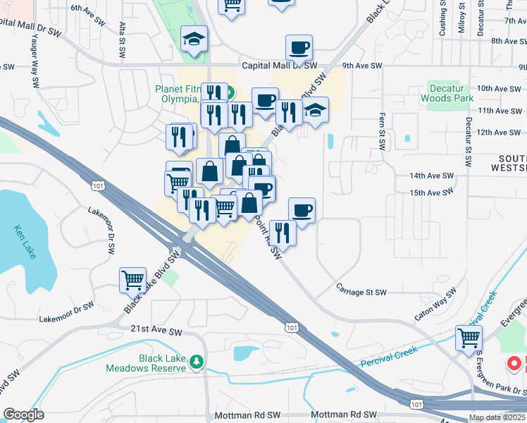 map of restaurants, bars, coffee shops, grocery stores, and more near 1600 Cooper Point Road Southwest in Olympia