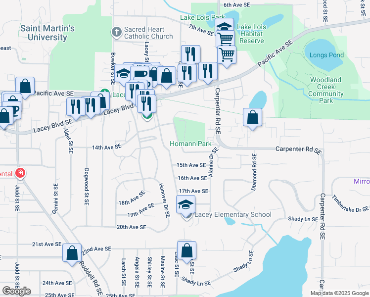 map of restaurants, bars, coffee shops, grocery stores, and more near 1316 Glen Mary Drive Southeast in Olympia
