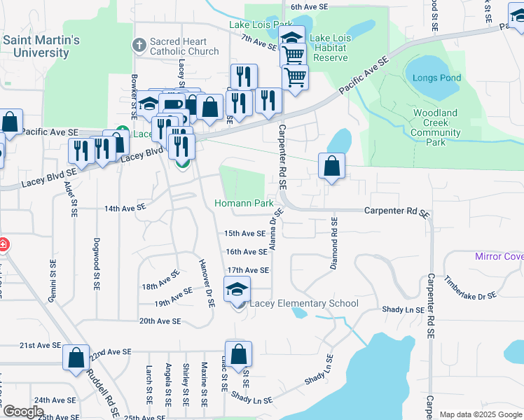 map of restaurants, bars, coffee shops, grocery stores, and more near 1324 Glen Mary Drive Southeast in Lacey