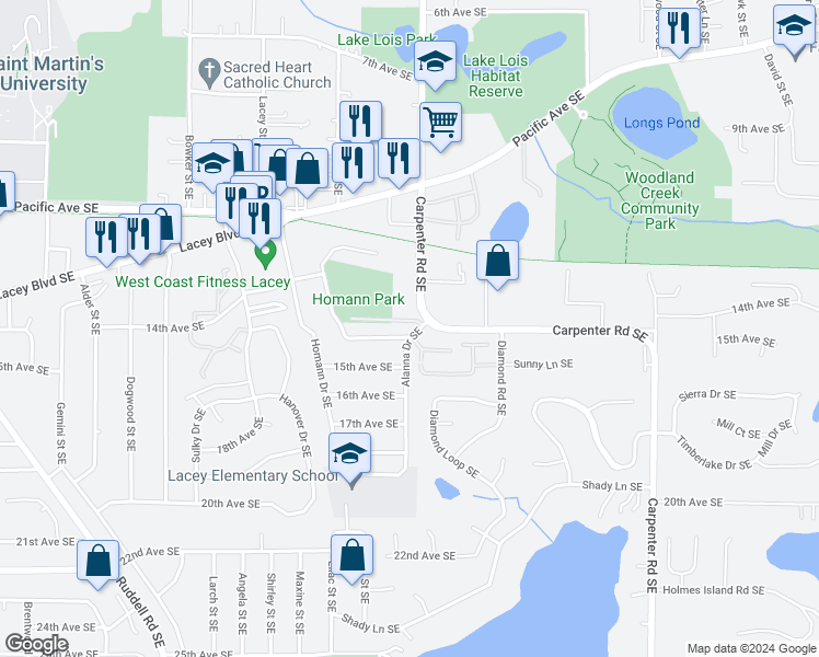 map of restaurants, bars, coffee shops, grocery stores, and more near 1328 Glen Mary Drive Southeast in Lacey
