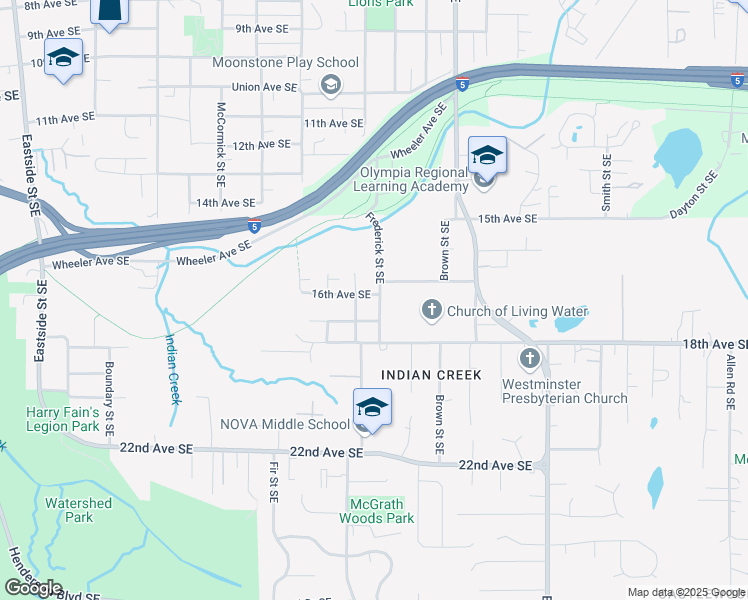 map of restaurants, bars, coffee shops, grocery stores, and more near 1603 Frederick Street Southeast in Olympia