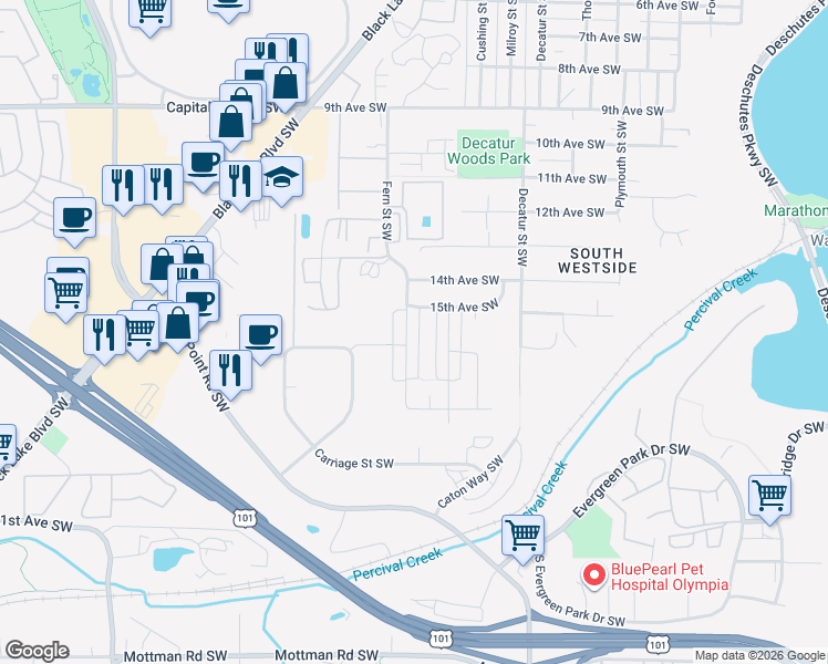 map of restaurants, bars, coffee shops, grocery stores, and more near 1524 Fern Street Southwest in Olympia
