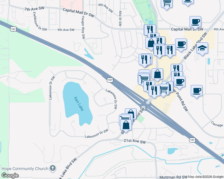 map of restaurants, bars, coffee shops, grocery stores, and more near 2285 Lakemoor Drive Southwest in Olympia