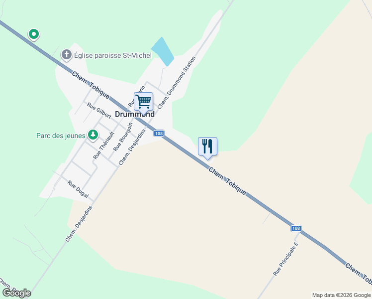 map of restaurants, bars, coffee shops, grocery stores, and more near 1449 Chemin Tobique in Drummond