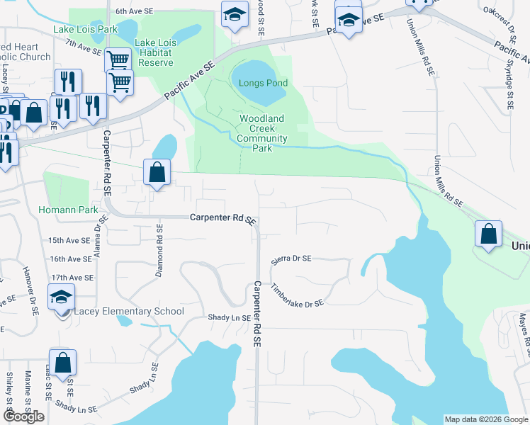 map of restaurants, bars, coffee shops, grocery stores, and more near 6803 14th Avenue Southeast in Lacey