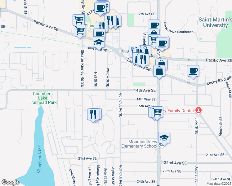 map of restaurants, bars, coffee shops, grocery stores, and more near 4329 14th Avenue Southeast in Lacey