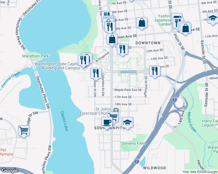 map of restaurants, bars, coffee shops, grocery stores, and more near 1517 Capitol Way South in Olympia