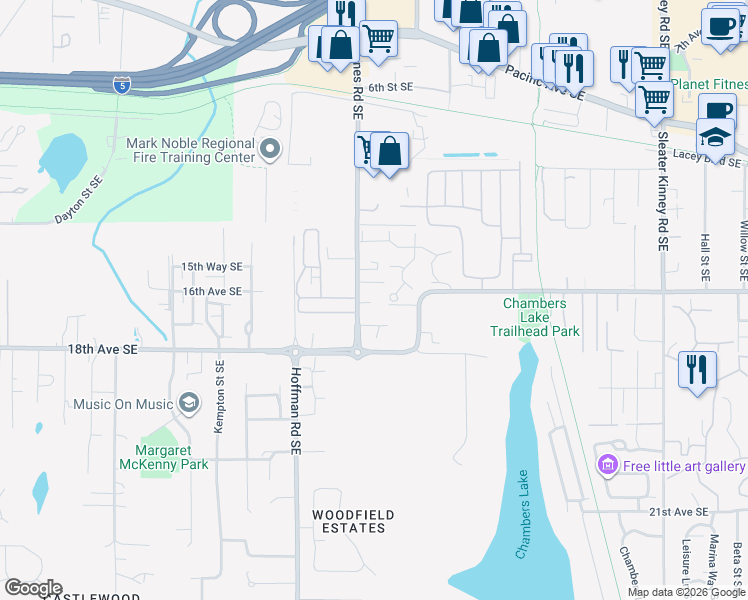 map of restaurants, bars, coffee shops, grocery stores, and more near 1623 Elizabeth Street Southeast in Olympia