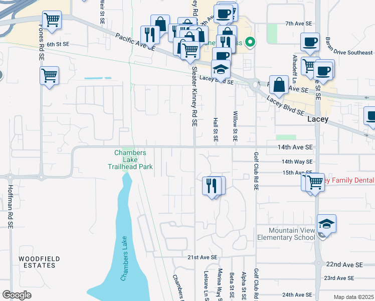 map of restaurants, bars, coffee shops, grocery stores, and more near 4025 14th Avenue Southeast in Lacey