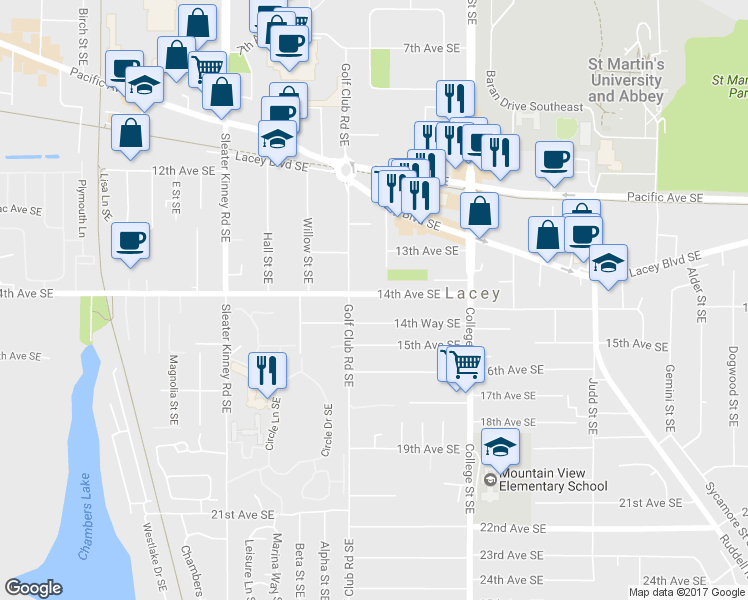 map of restaurants, bars, coffee shops, grocery stores, and more near 4421 14th Avenue Southeast in Lacey