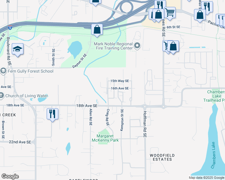 map of restaurants, bars, coffee shops, grocery stores, and more near 1608 Craig Road Southeast in Olympia
