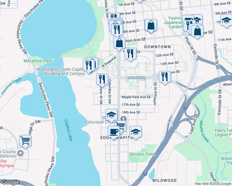 map of restaurants, bars, coffee shops, grocery stores, and more near 1517 Capitol Way South in Olympia