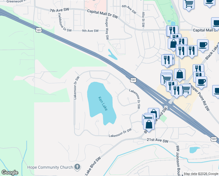 map of restaurants, bars, coffee shops, grocery stores, and more near 1611 Camden Circle Southwest in Olympia