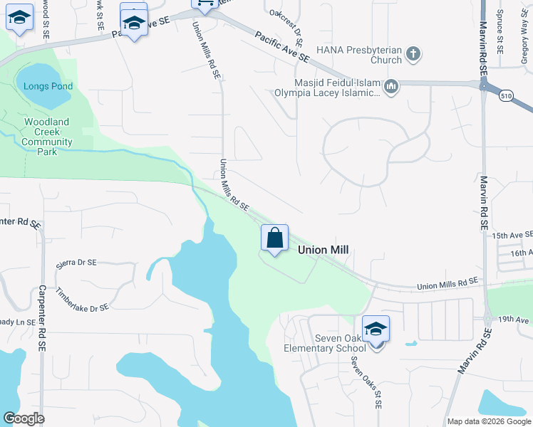 map of restaurants, bars, coffee shops, grocery stores, and more near 7610 Union Mills Road Southeast in Olympia