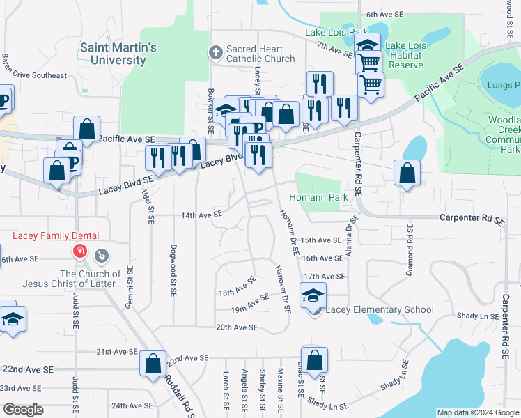 map of restaurants, bars, coffee shops, grocery stores, and more near 1404-A/B Yonkers Drive Southeast in Olympia