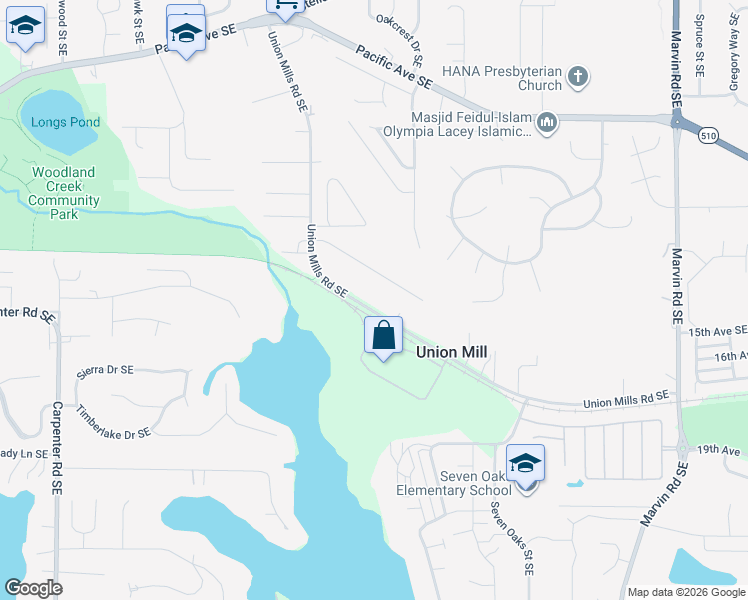 map of restaurants, bars, coffee shops, grocery stores, and more near 7610 Union Mills Road Southeast in Olympia