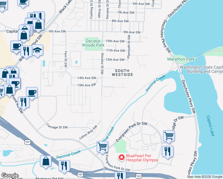 map of restaurants, bars, coffee shops, grocery stores, and more near 1603 15th Avenue Southwest in Olympia