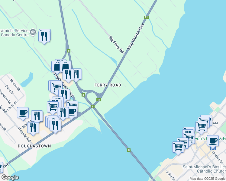 map of restaurants, bars, coffee shops, grocery stores, and more near Bridgeview Dr in Miramichi