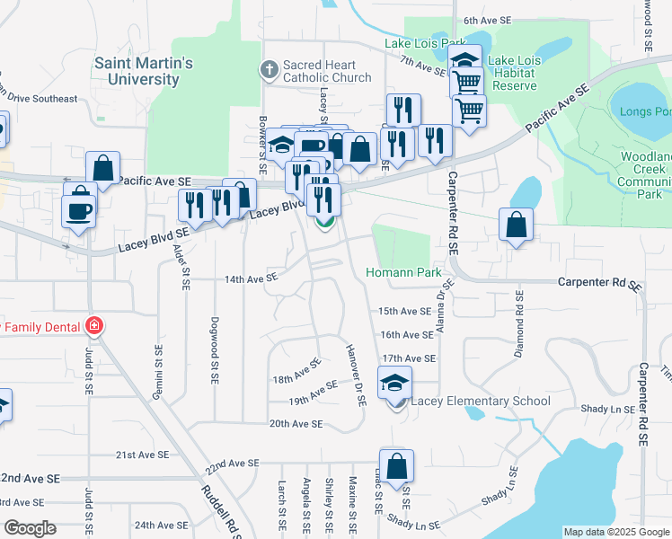 map of restaurants, bars, coffee shops, grocery stores, and more near 1404-A/B Yonkers Drive Southeast in Olympia