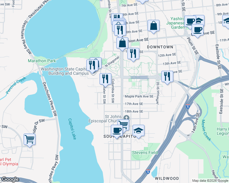 map of restaurants, bars, coffee shops, grocery stores, and more near 1517 Columbia Street Southwest in Olympia