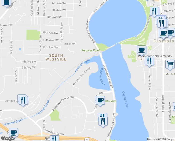 map of restaurants, bars, coffee shops, grocery stores, and more near 1430 Evergreen Park Lane Southwest in Olympia