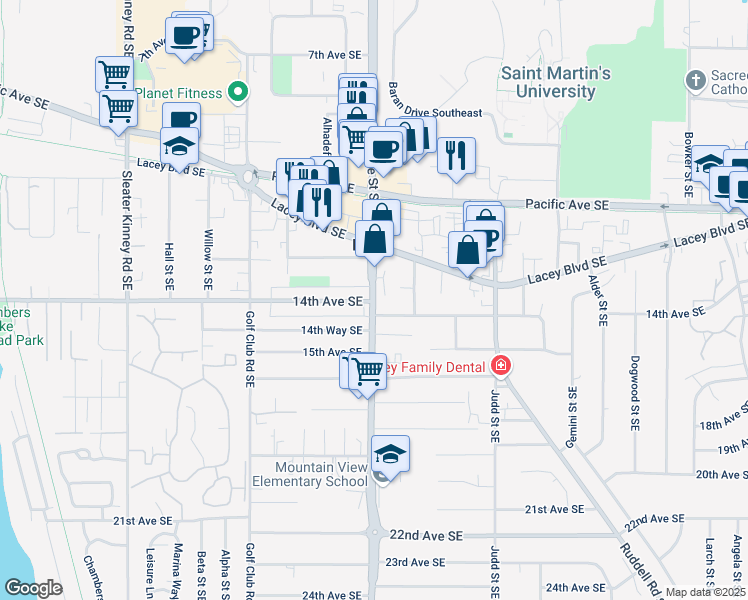 map of restaurants, bars, coffee shops, grocery stores, and more near 1326 College Street Southeast in Olympia