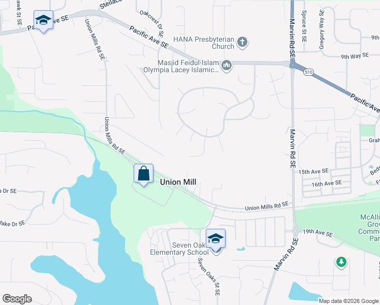 map of restaurants, bars, coffee shops, grocery stores, and more near 1345 Karla Lane Southeast in Lacey