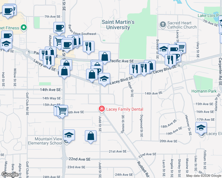 map of restaurants, bars, coffee shops, grocery stores, and more near 5005 Lacey Boulevard Southeast in Lacey
