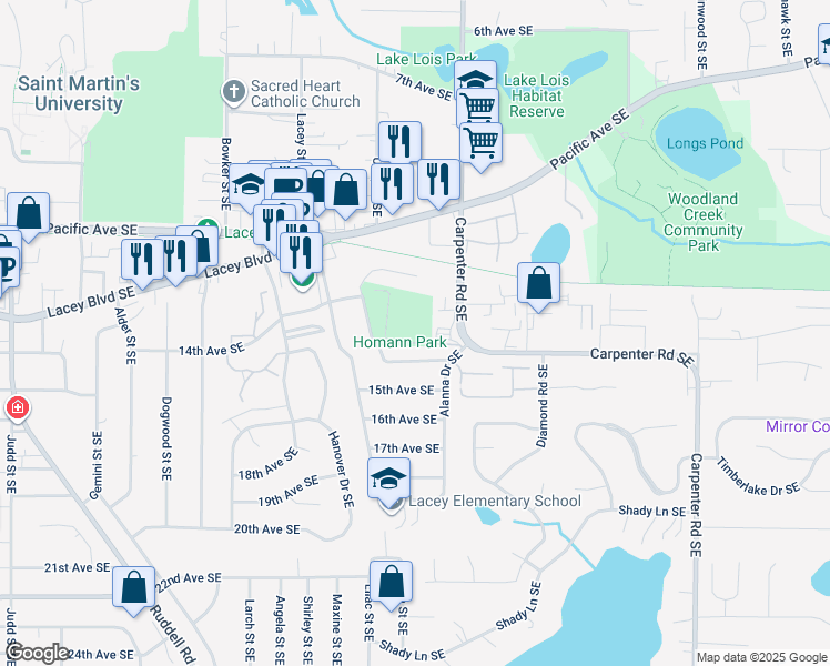 map of restaurants, bars, coffee shops, grocery stores, and more near 1301 Carpenter Road Southeast in Lacey