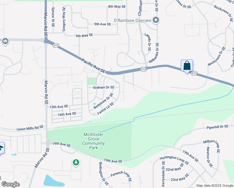 map of restaurants, bars, coffee shops, grocery stores, and more near 1421 Farina Loop Southeast in Olympia