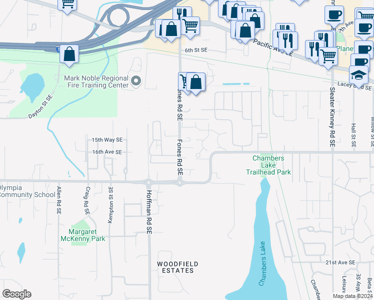 map of restaurants, bars, coffee shops, grocery stores, and more near 1514 Fones Road Southeast in Olympia