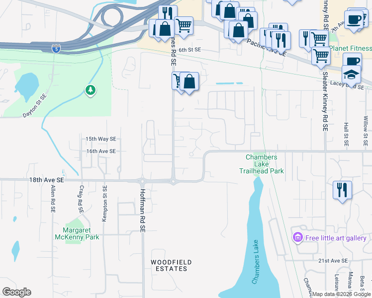 map of restaurants, bars, coffee shops, grocery stores, and more near 1623 Elizabeth Street Southeast in Olympia