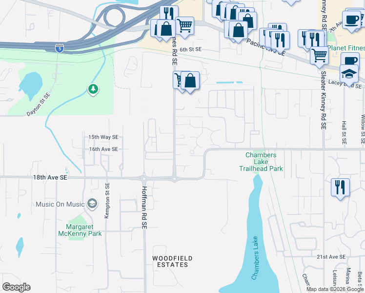 map of restaurants, bars, coffee shops, grocery stores, and more near 1623 Elizabeth Street Southeast in Olympia