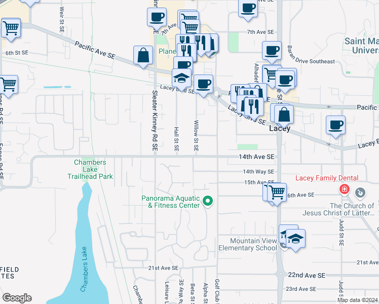 map of restaurants, bars, coffee shops, grocery stores, and more near 1408 Willow Street Southeast in Lacey