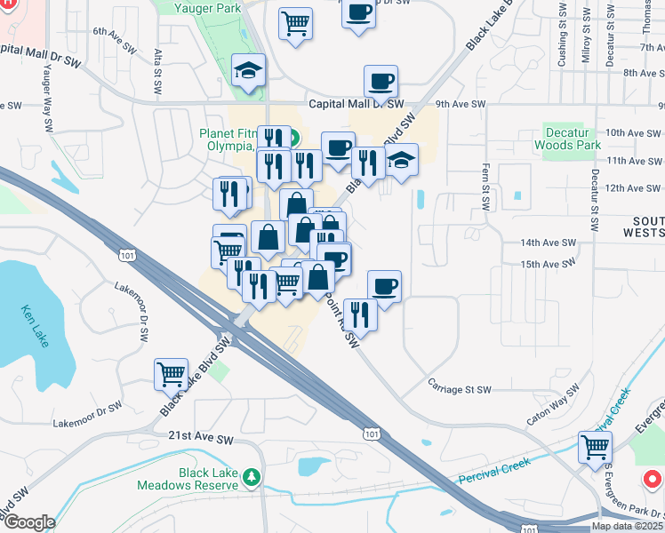 map of restaurants, bars, coffee shops, grocery stores, and more near 1600 Cooper Point Road Southwest in Olympia