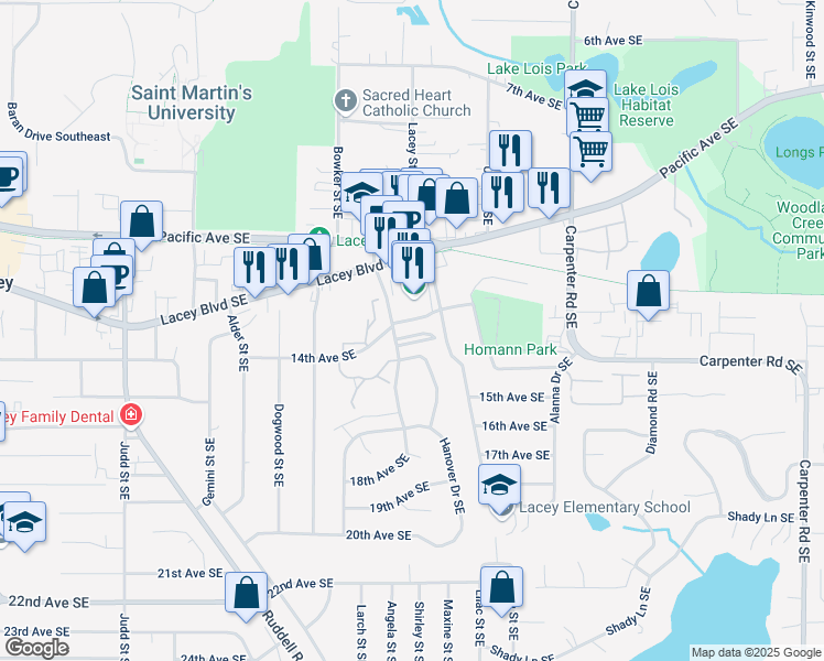 map of restaurants, bars, coffee shops, grocery stores, and more near 1404-A/B Yonkers Drive Southeast in Olympia