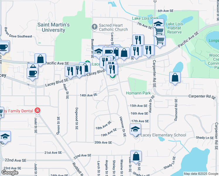 map of restaurants, bars, coffee shops, grocery stores, and more near 1404-A/B Yonkers Drive Southeast in Olympia