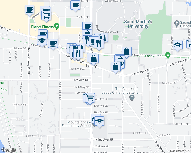 map of restaurants, bars, coffee shops, grocery stores, and more near 1316 13th Court Southeast in Olympia