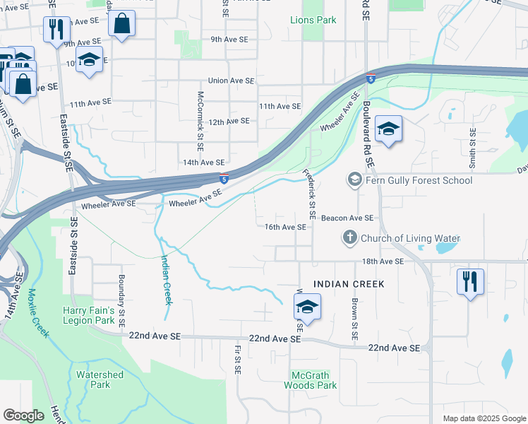 map of restaurants, bars, coffee shops, grocery stores, and more near 1510 Fairview Street Southeast in Olympia