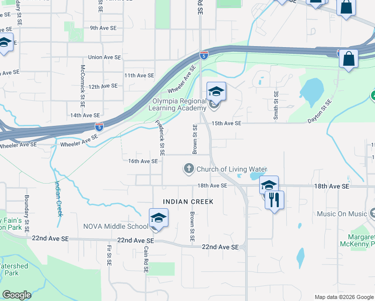 map of restaurants, bars, coffee shops, grocery stores, and more near 2223 Beacon Avenue Southeast in Olympia
