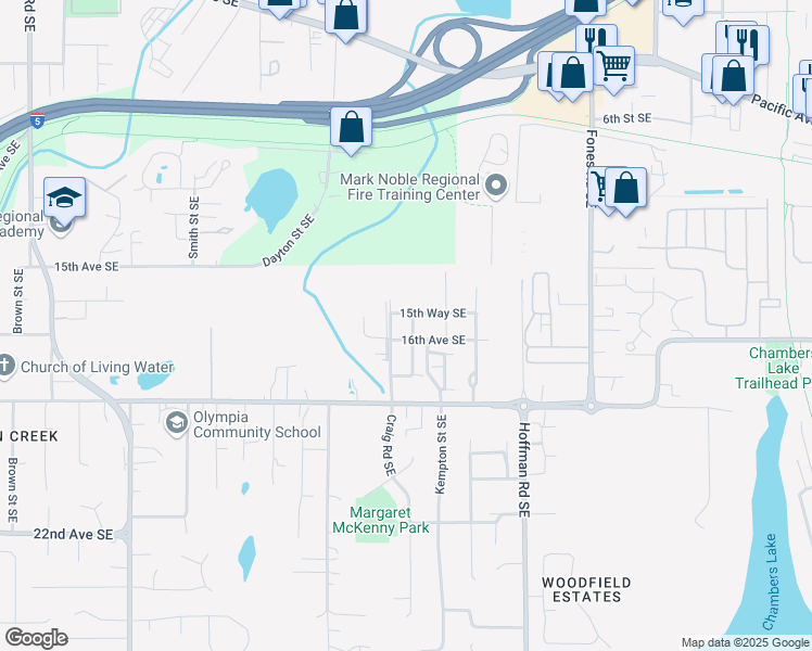 map of restaurants, bars, coffee shops, grocery stores, and more near 1545 Amethyst Street Southeast in Olympia