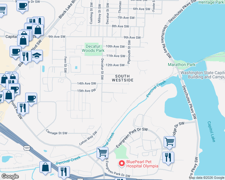 map of restaurants, bars, coffee shops, grocery stores, and more near 1603 15th Avenue Southwest in Olympia