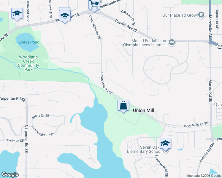 map of restaurants, bars, coffee shops, grocery stores, and more near 7530 Union Mills Road Southeast in Olympia