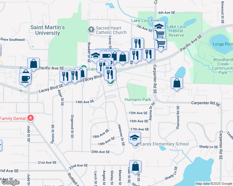 map of restaurants, bars, coffee shops, grocery stores, and more near 1404-A/B Yonkers Drive Southeast in Olympia