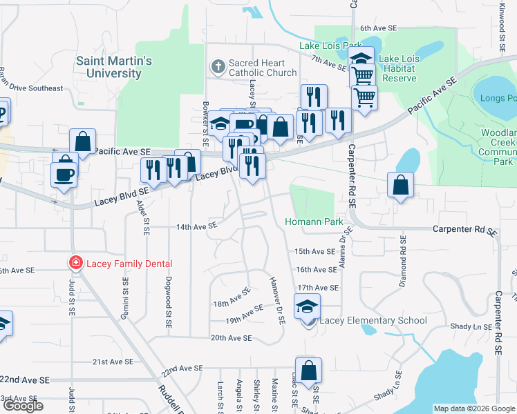 map of restaurants, bars, coffee shops, grocery stores, and more near 1404-A/B Yonkers Drive Southeast in Olympia
