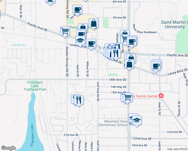 map of restaurants, bars, coffee shops, grocery stores, and more near 4329 14th Avenue Southeast in Lacey